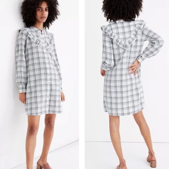 Madewell Plaid Ruffle-Yoke Shirtdress in White Windowpane Sz S - Picture 1 of 9